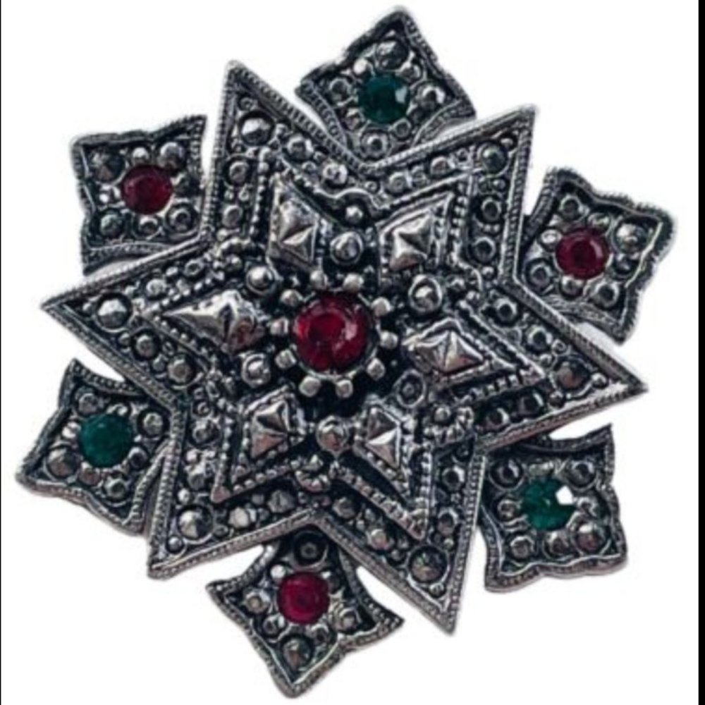 LIA SOFIA Silver Star Snowflake w/ Green & Red Crystals Brooch Pin